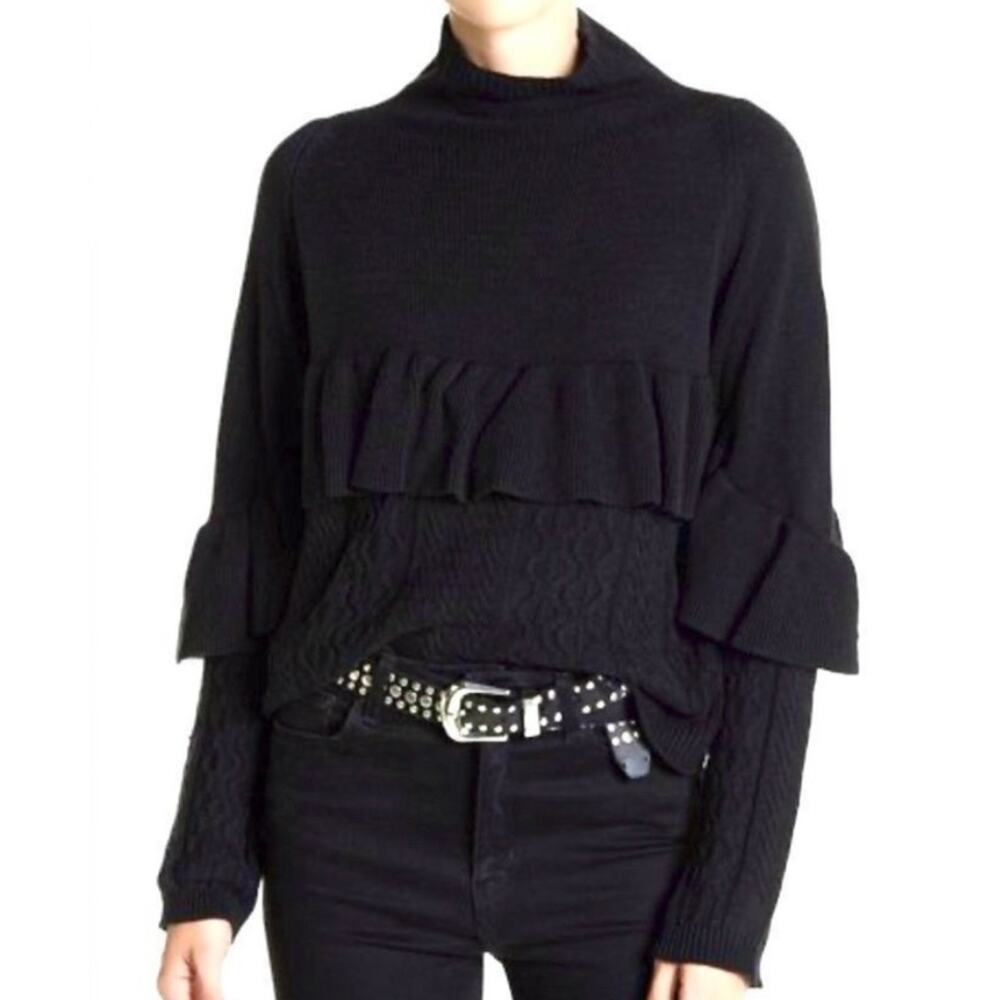 Project x Naadam Volta Mock Neck Cable Knit Sweater with Ruffle Size XS Black